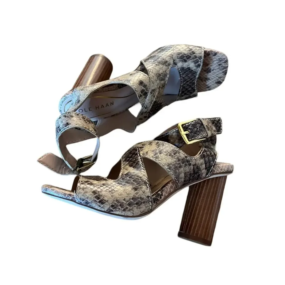 Cole Haan Reina City Sandals Leather Snake Print Ankle Strap Heels NEW Size 5